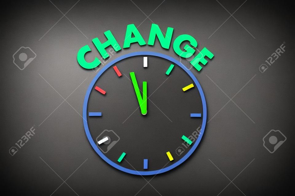 Time to change concept, color word and clock on blackboard