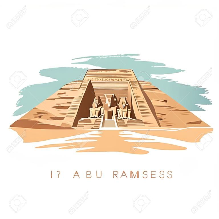 The Great Temple at Abu Simbel, Egypt. Colorful vector illustration the great temple of Ramses 2 hand drawn in white background.