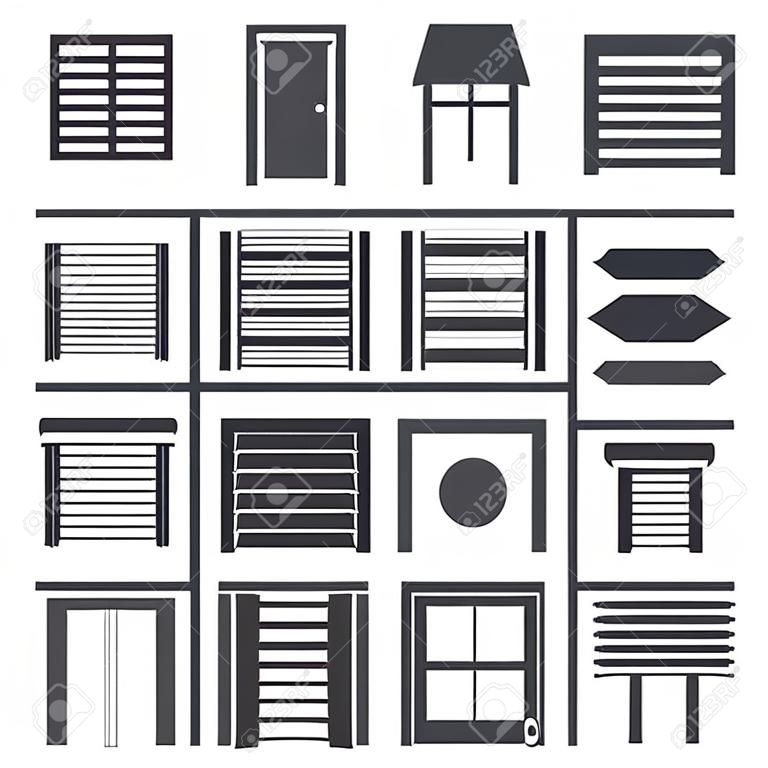 Conjunto de ícones isolados de ícones de glifos vetoriais de persianas de janela. Design de interiores, loja de decoração de casa. Coleção de logotipo.