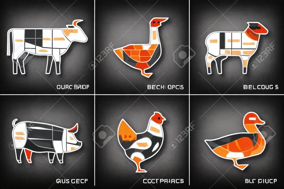 Vector illustration of meat cutting of farm animals bull, goose, sheep, pigs, chicken and ducks for butchers shop or restaurant menu.