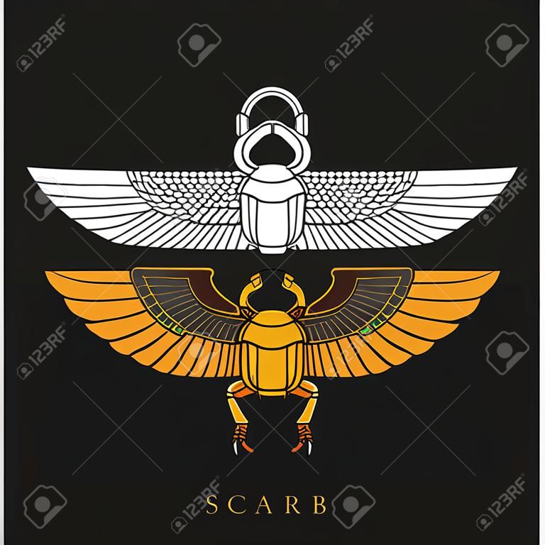 Symbol starożytnych Egipcjan. Kolorowa ilustracja egipskiego chrząszcza skarabeusza, uosabiającego boga Chepri.