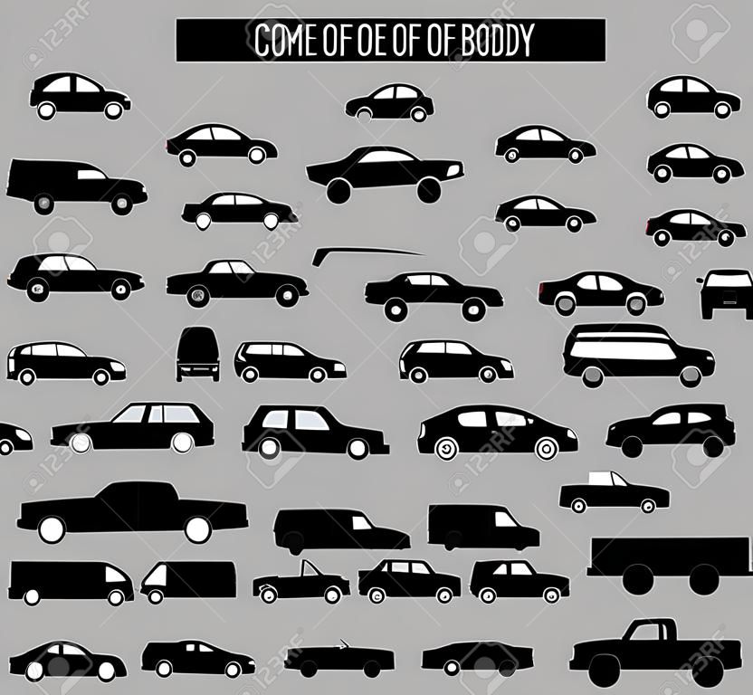All types of car body. Car Type and Model Objects icons Set . black illustration isolated on grey background. Variants of automobile body silhouette for web.