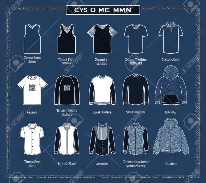 Types of men's shirts with names. Vector outline illustration. Set of men's T-shirts: jacket, tuxedo, dress shirt, hoody, jersey, sweatshirt, turtleneck, tank top, V-neck shirt, polo shirt, sleeveless