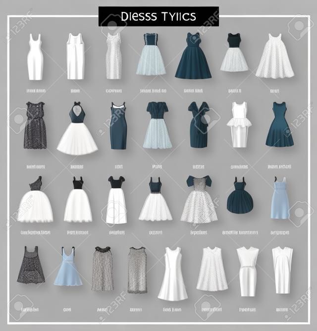 Liniowe ikony sukien damskich. Rodzaje sukienek: linia V, tunika, sweter, karczek, imperium, babydoll, spadek talii, poślizg, koszula, bluzka, bodycon, przesunięcie, linia A.