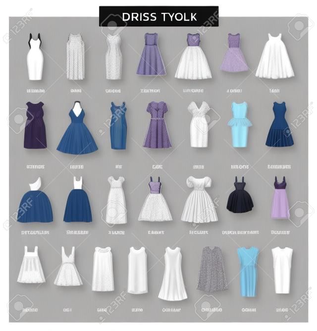 여성용 드레스의 선형 아이콘입니다. 드레스 종류:V-라인, 튜닉, 점퍼, 요크, 엠파이어, 베이비돌, 드롭 웨이스트, 슬립, 셔츠, 블루종, 바디콘, 시프트, A-라인.