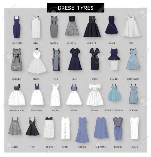 Linear icons of women's dresses. Dress types:V-line, tunic, jumper, yoke, empire, babydoll, drop waist, slip, shirt, blouson, bodycon, shift, A-line.