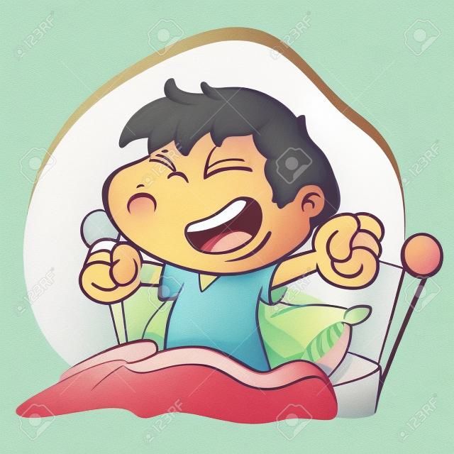 Illustration is a child waking up and getting up Happy bed
