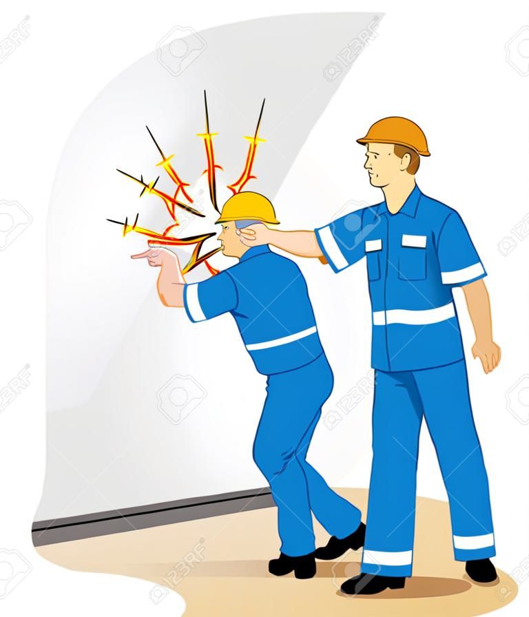 Illustratie van een ambtenaar die een hoogspanningsnet van elektrische ontlading ontvangt als gevolg van een ongeval op het werk