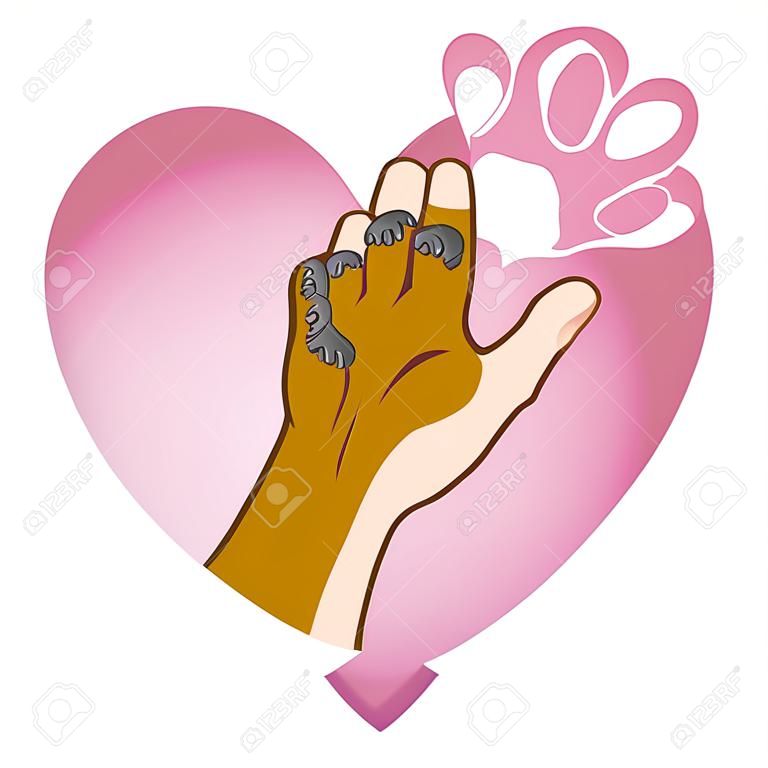 Иллюстрация человеческая рука держит лапу, сердце, Кавказа. Идеальное место для каталогов, информационные и ветеринарные институциональные материалы