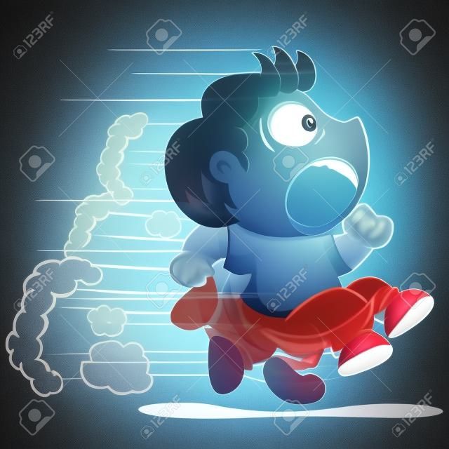 Yuyu character, boy child mascot running away from something or hurrying. Ideal for institutional or educational materials