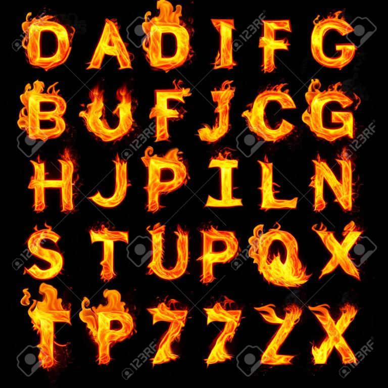 火燃烧火焰的所有字母文字的字体在黑色背景上的字母
