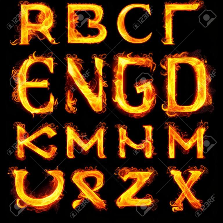 消防字體熊熊燃燒的文字字母的黑色背景上的所有字母