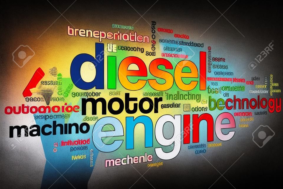 Moteur diesel notion mot de nuage avec des étiquettes machine à moteur liés