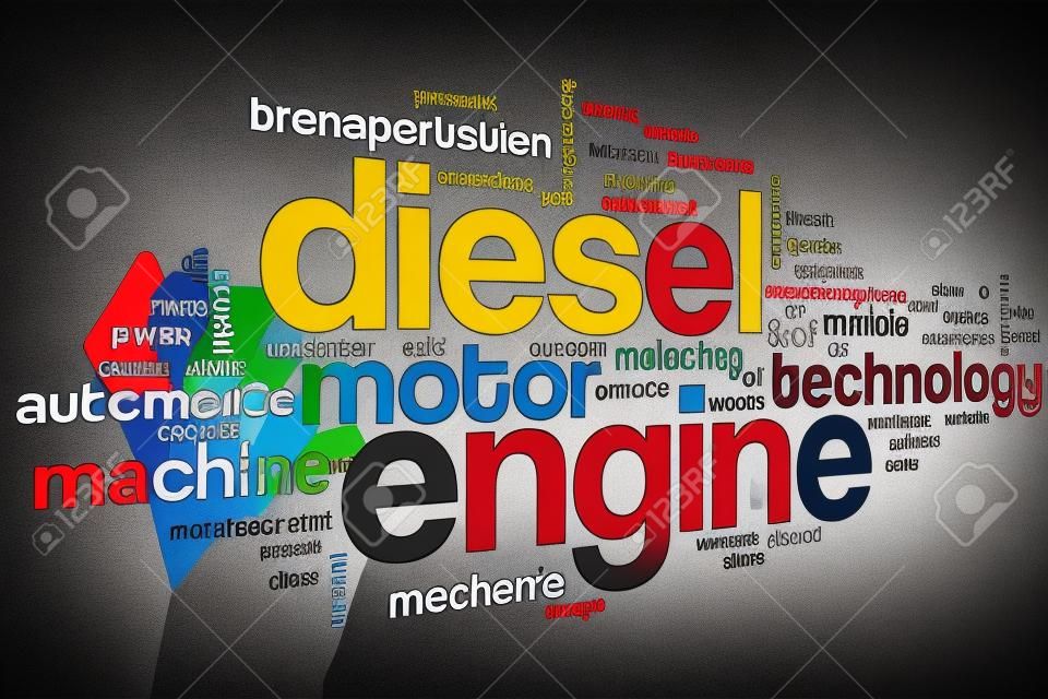Moteur diesel notion mot de nuage avec des étiquettes machine à moteur liés