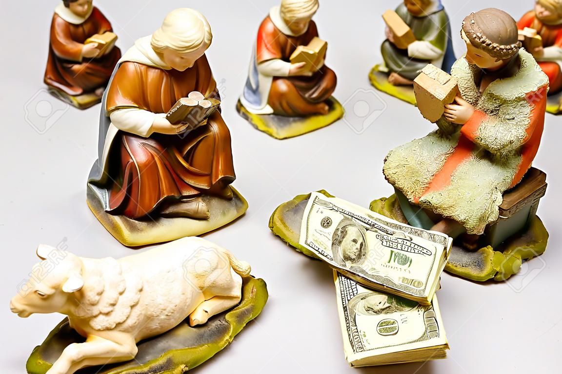 Commercialism vs Christmas, full nativity scene including money