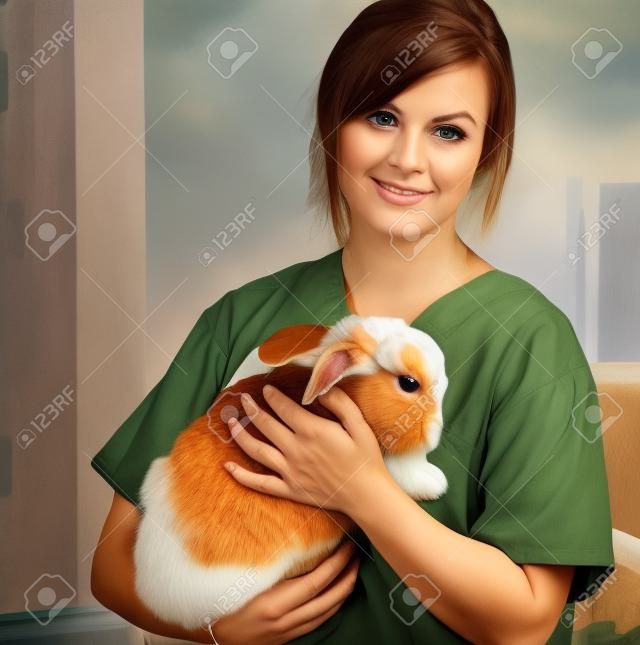 Un retrato de un veterinario mujer sosteniendo un conejo