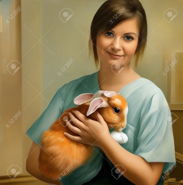 Un retrato de un veterinario mujer sosteniendo un conejo