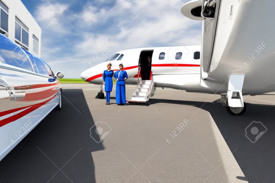 Hostess e pilota in piedi limousine ordinata e jet privato al terminal dell'aeroporto