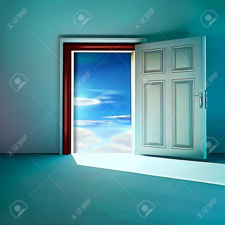 Otwarte drzwi do przestrzeni nieba z czerwonym obramowaniem i cieniem renderowania ilustracji