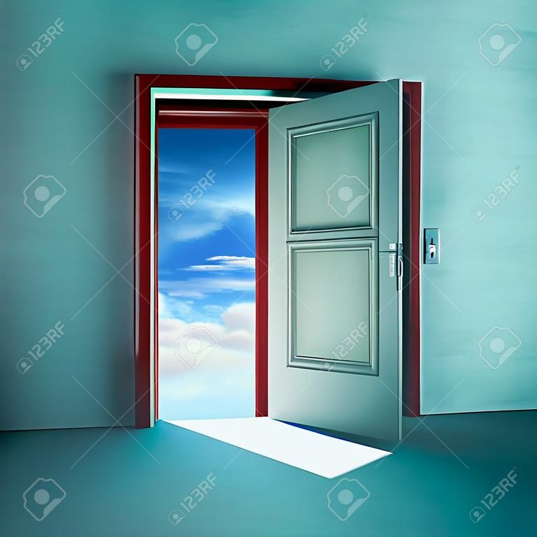 Otwarte drzwi do przestrzeni nieba z czerwonym obramowaniem i cieniem renderowania ilustracji