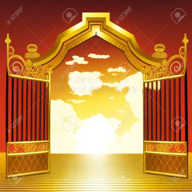 heavenly gate with open gold fence vector illustration