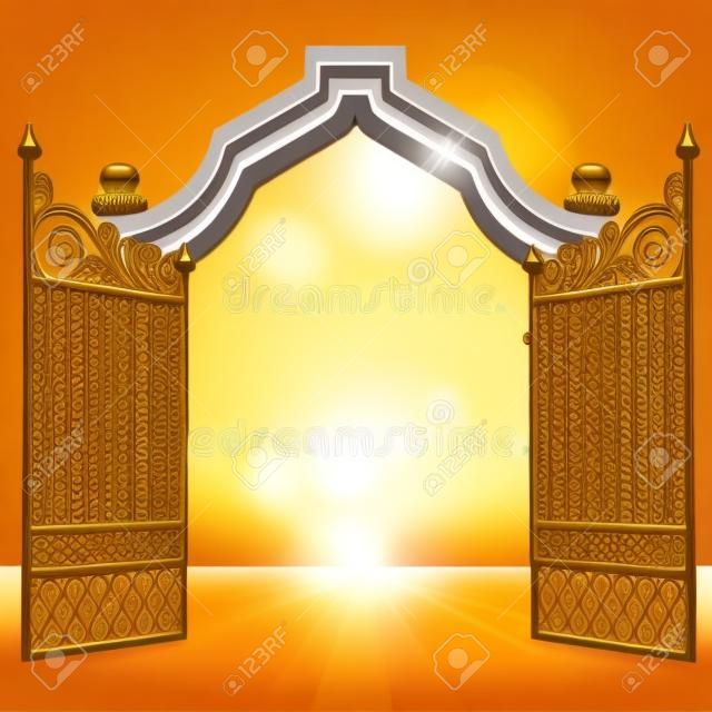 heavenly gate with open gold fence vector illustration