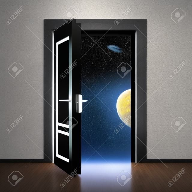 open single door from dark to light space 3D illustration