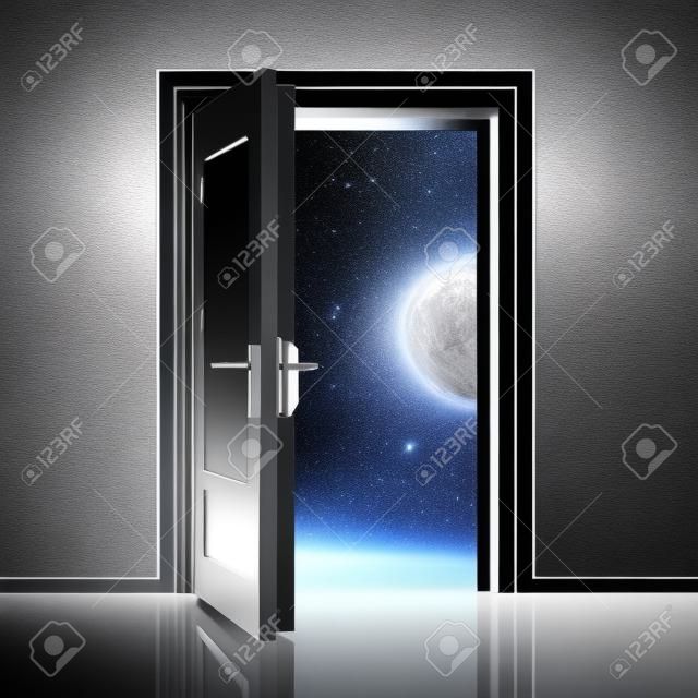 open single door from dark to light space 3D illustration
