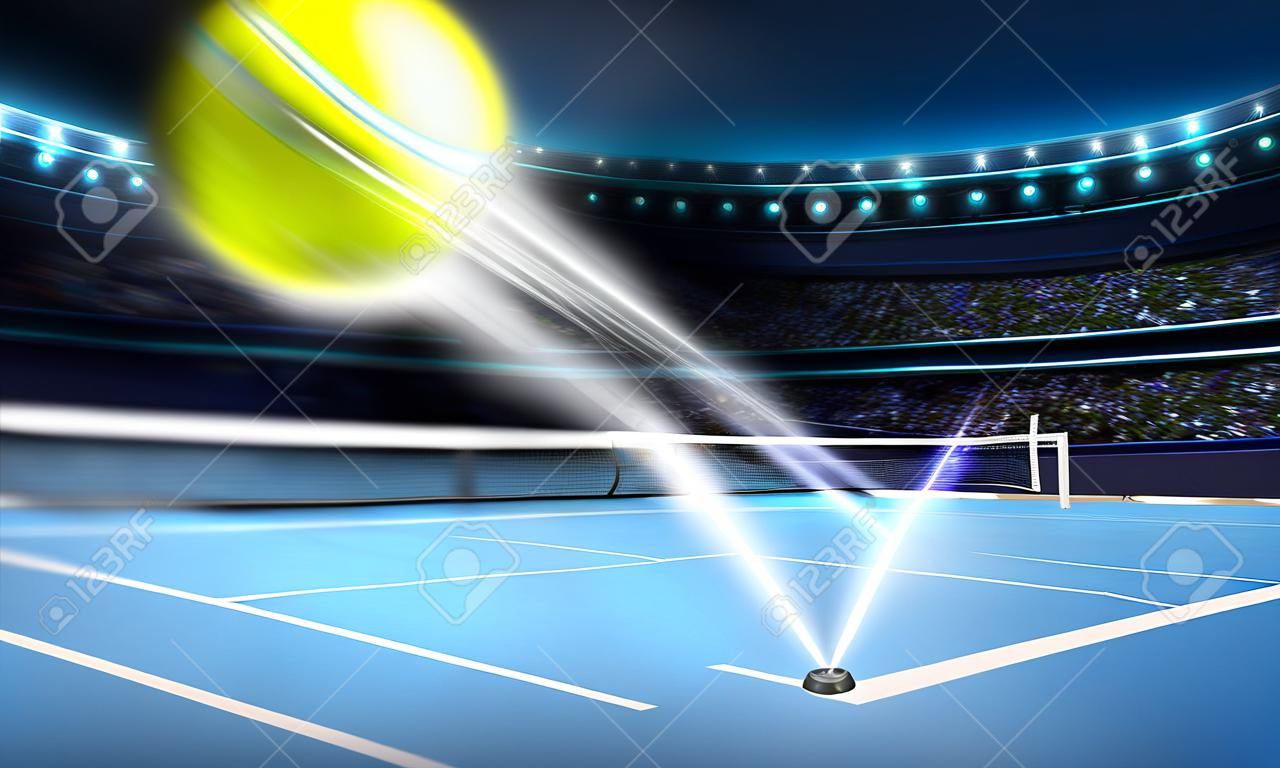 flying tennis ball on a blue court in motion blur tennis sport theme render illustration background