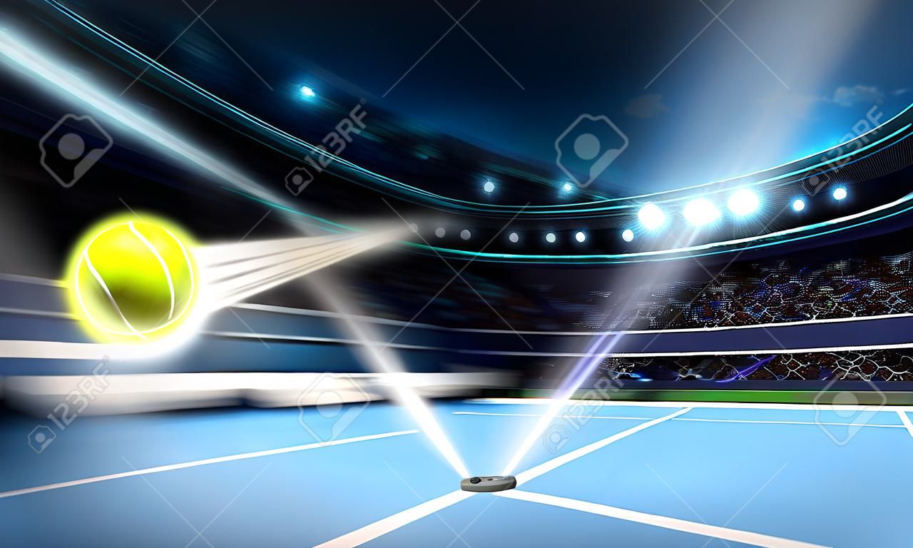 flying tennis ball on a blue court in motion blur tennis sport theme render illustration background
