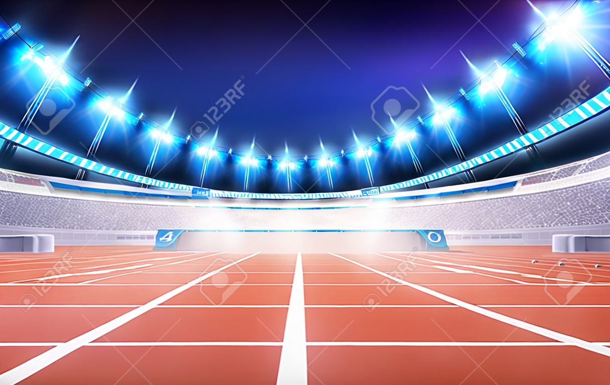 estádio de atletismo com pista de corrida acabamento vista esporte tema render ilustração fundo