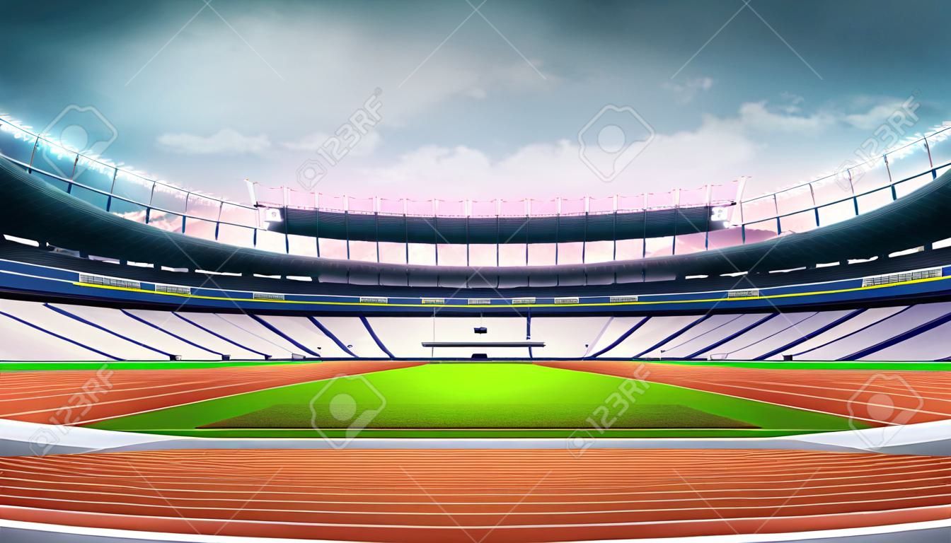 estadio de atletismo con la pista vacía y campo de hierba en la parte delantera vista del día del deporte tema de ilustración digital de fondo
