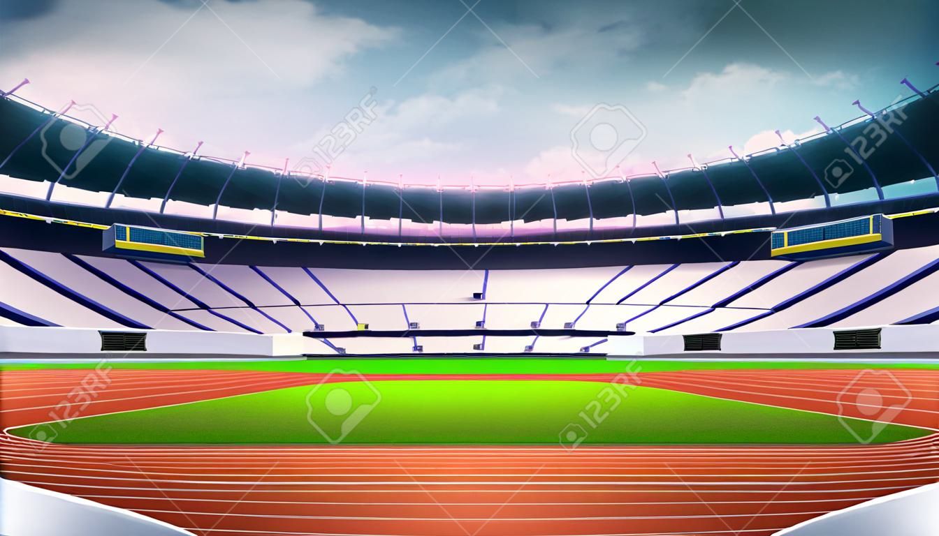 estadio de atletismo con la pista vacía y campo de hierba en la parte delantera vista del día del deporte tema de ilustración digital de fondo