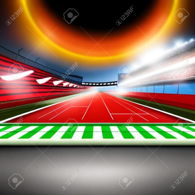 traguardo sulla pista in motion blur con stadio e faretti, illustrazione di sfondo digitale sport da corsa