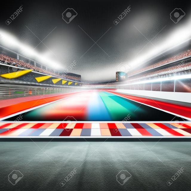 línea de meta en la pista en el desenfoque de movimiento con el estadio y focos, carreras deportivo digital ilustración de fondo