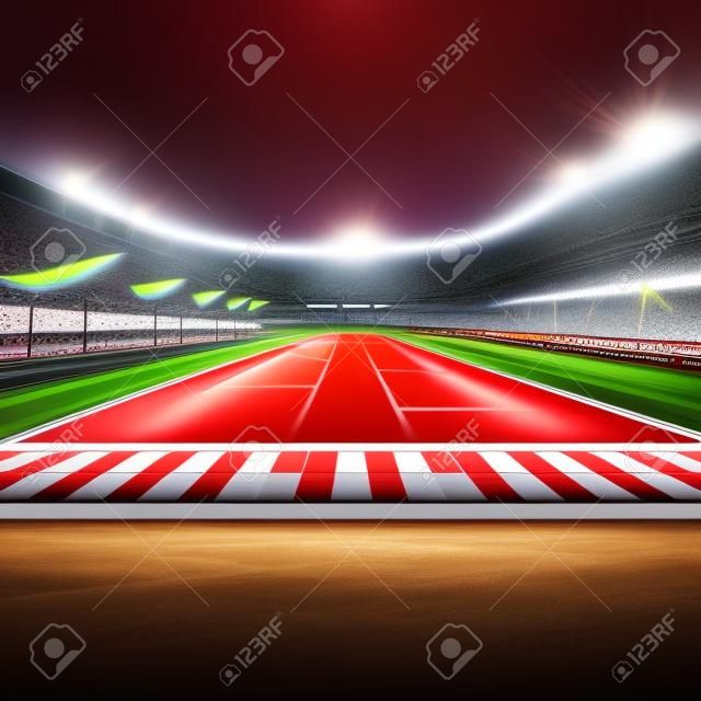 finish line on the racetrack in motion blur with stadium and spotlights,racing sport digital background illustration