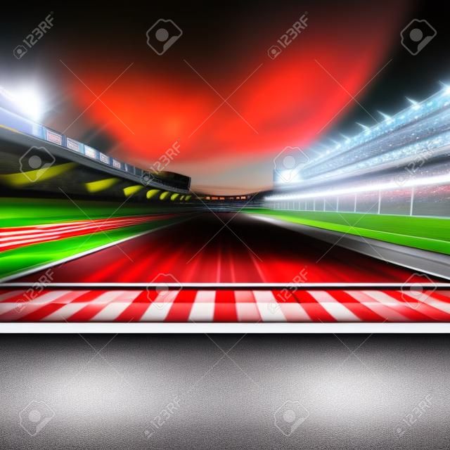 traguardo sulla pista in motion blur con stadio e faretti, illustrazione di sfondo digitale sport da corsa