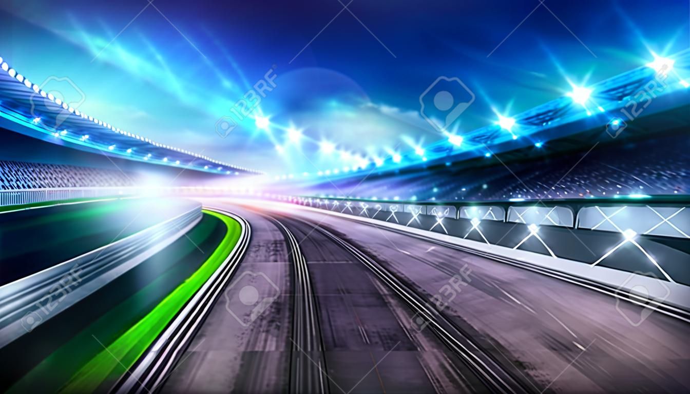 Rennbahn gebogener Straße mit Ständen und Scheinwerfer, digitale Hintergrund sport illustration Rennen