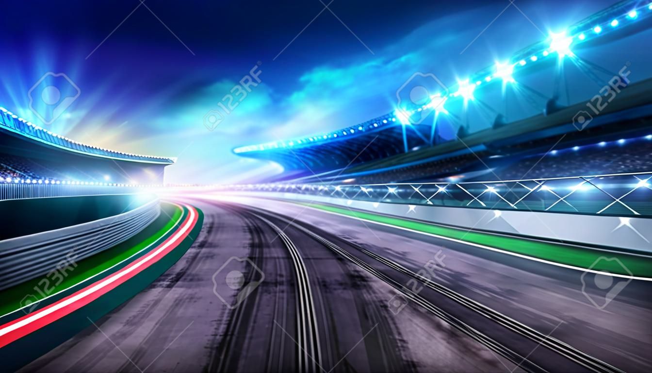 スポーツ デジタル背景イラストをレーシング スタンド、スポット ライト、競馬場曲げの道