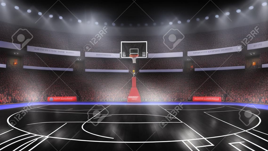 illuminated basketball basket with spectators and spotlights, sport topic arena interior illustration