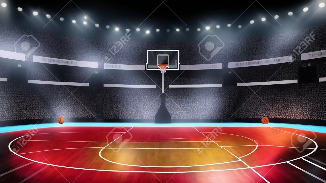 illuminated basketball basket with spectators and spotlights, sport topic arena interior illustration