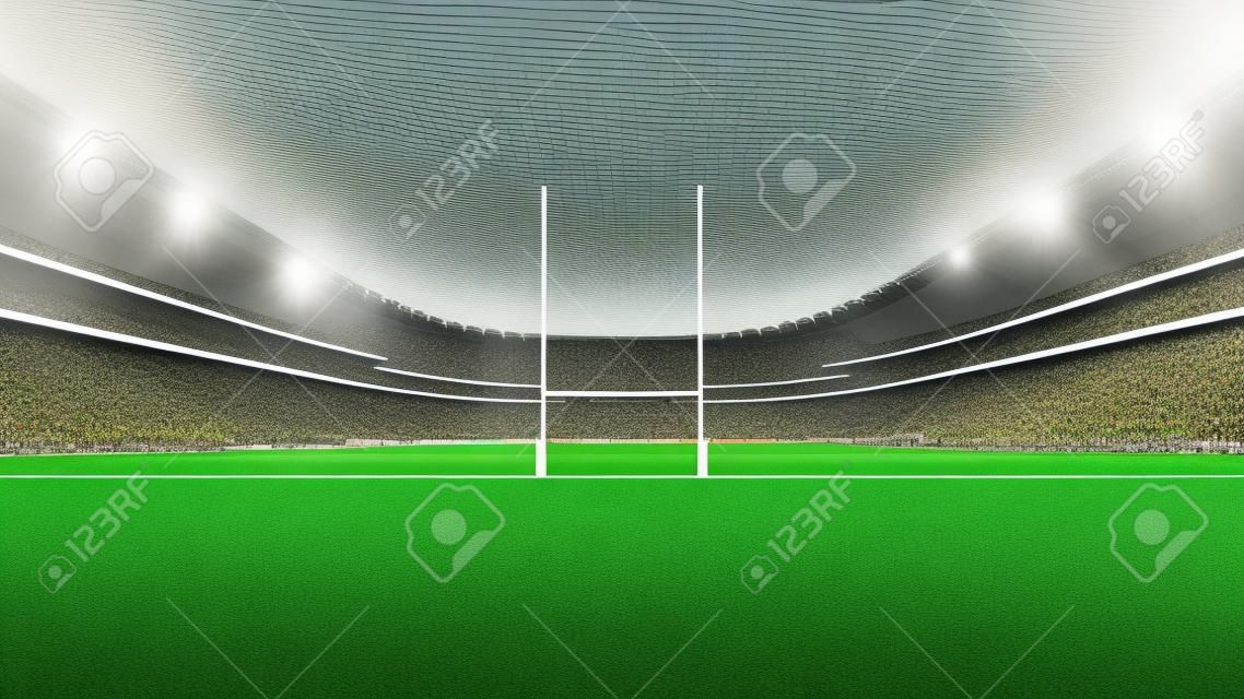 huge rugby stadium with fans and green grass, sport theme three dimensional render illustration