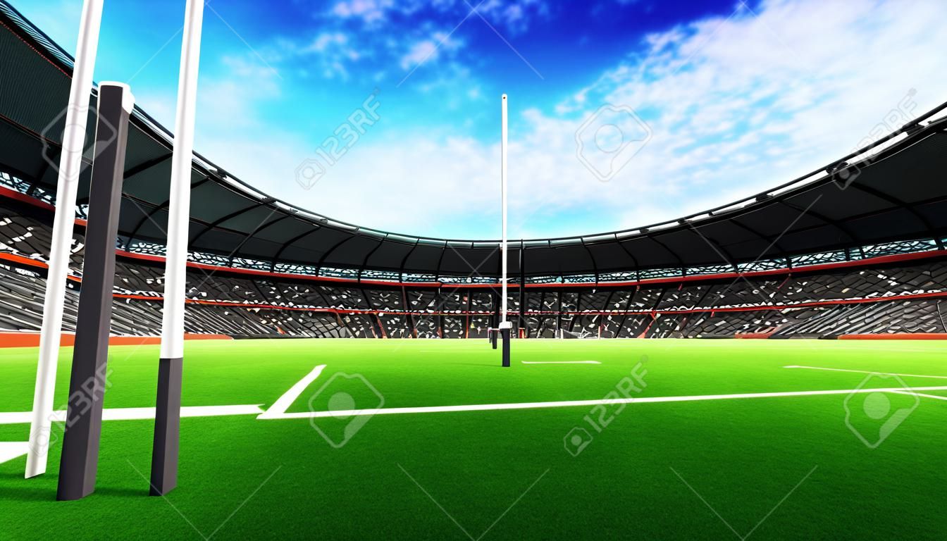 регби стадион с зеленой траве в дневное время, спортивная тема трехмерной визуализации иллюстрации