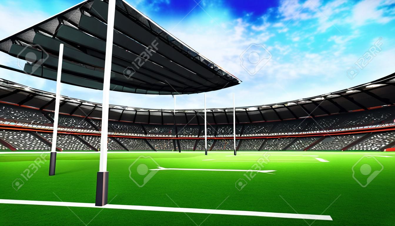 rugby stadium with green grass at daylight, sport theme three dimensional render illustration