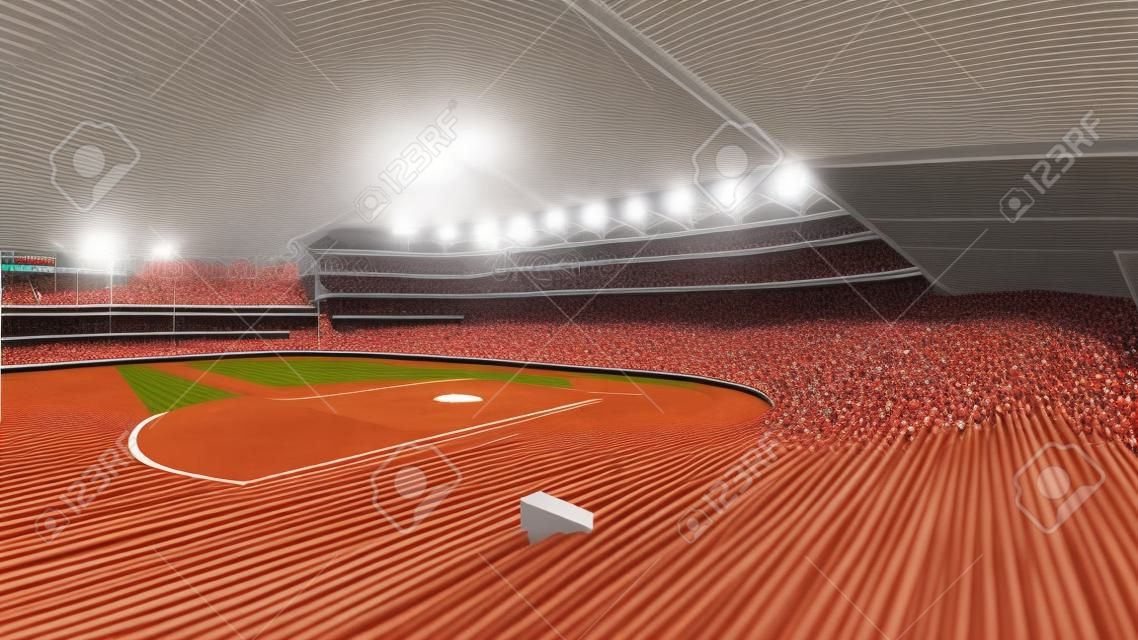 baseball stadium with fans under roof tribune view, sport theme 3D illustration