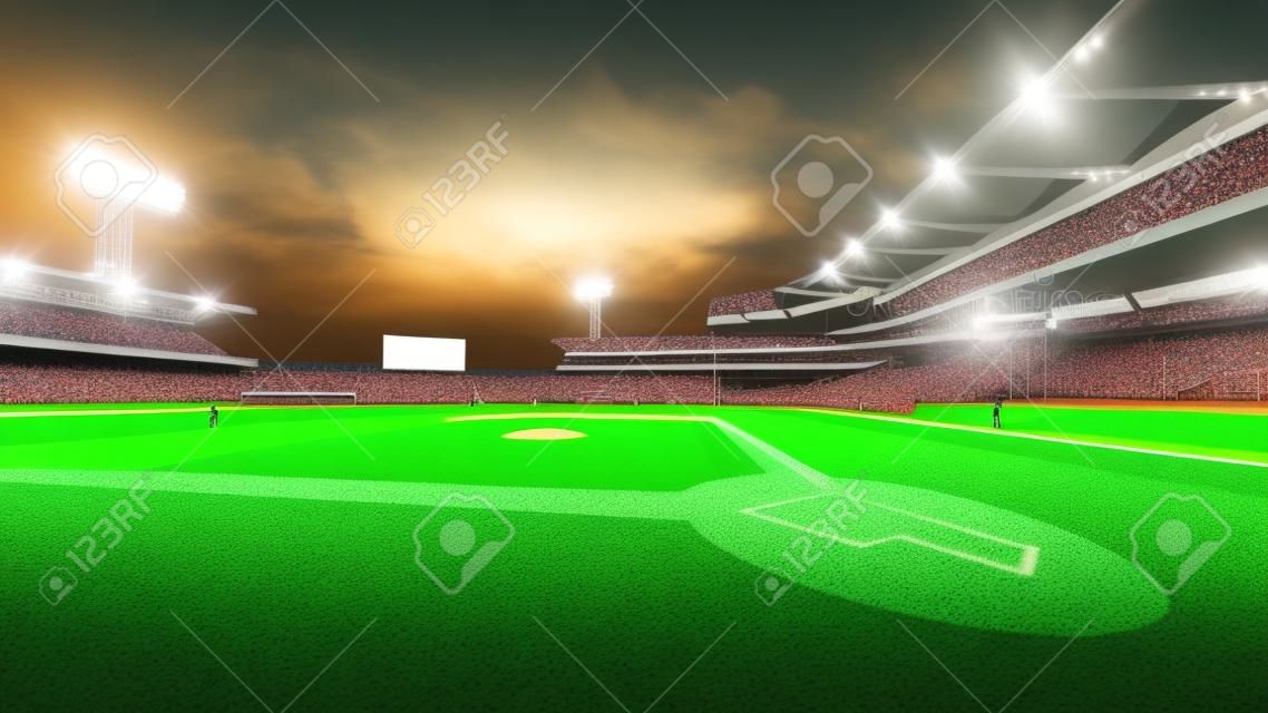 megvilágított modern baseball stadionban nézők és zöld a fű, sport téma 3d illusztráció