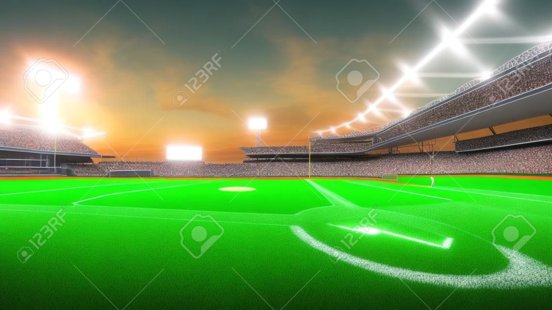 illuminated modern baseball stadium with spectators and green grass, sport theme 3D illustration