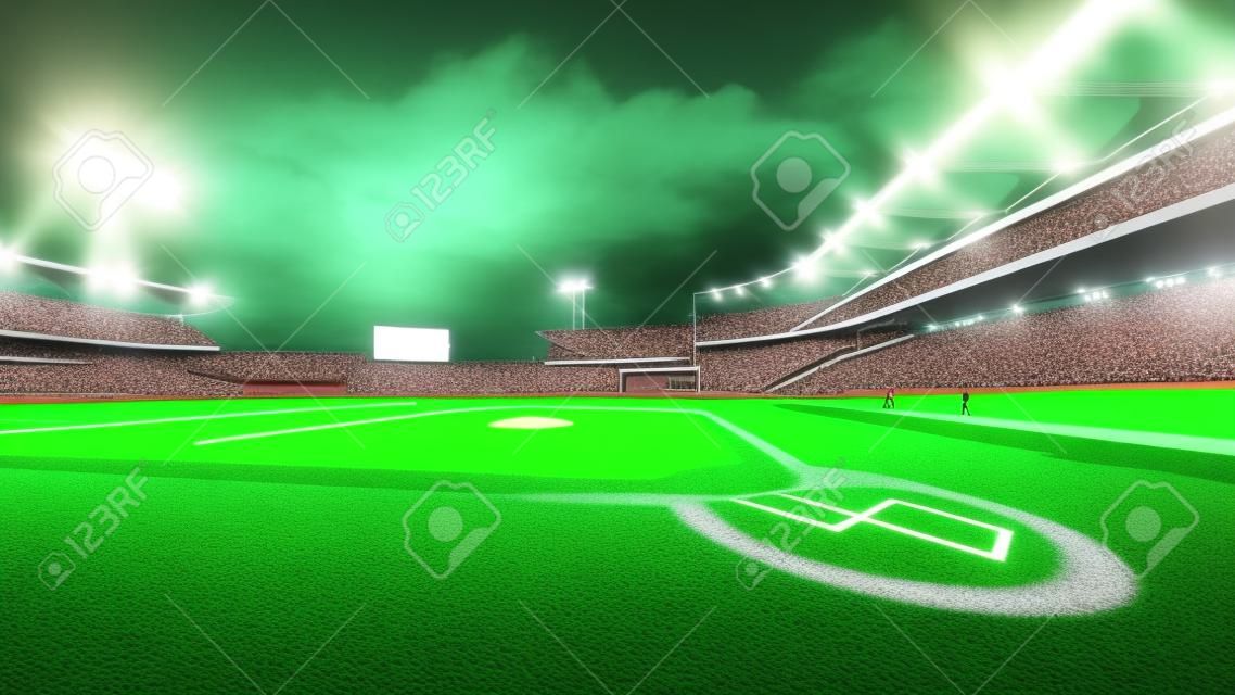 sistema de iluminación moderno estadio de béisbol con los espectadores y la hierba verde, tema del deporte ilustración 3D