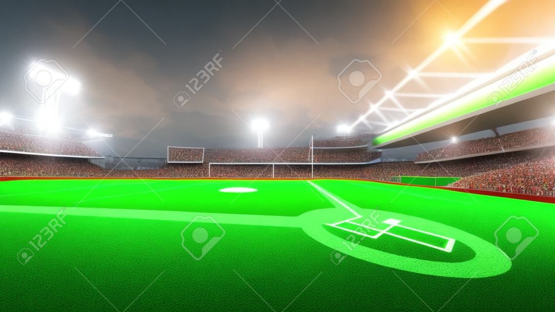 estádio de beisebol moderno iluminado com espectadores e grama verde, tema do esporte ilustração 3D