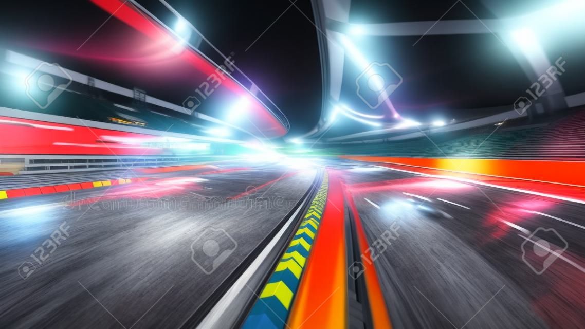 Illuminated race track road with speed motion blur, racing sports background rendering 3D illustration